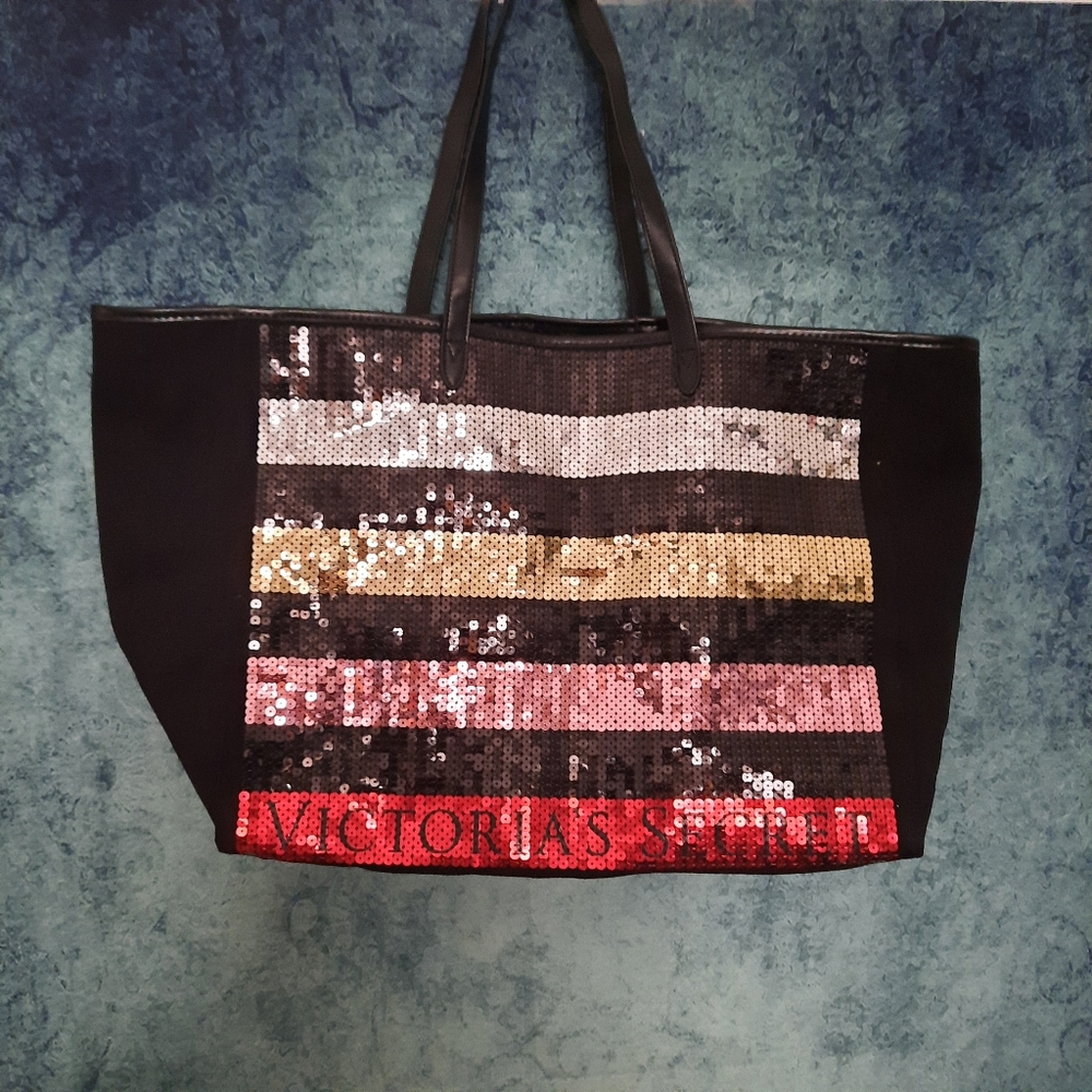 VICTORIA'S SECRET BLACK SEQUIN STRIPE WEEKENDER BAG GETAWAY CARRY ON LARGE TOTE - Picture 2 of 4